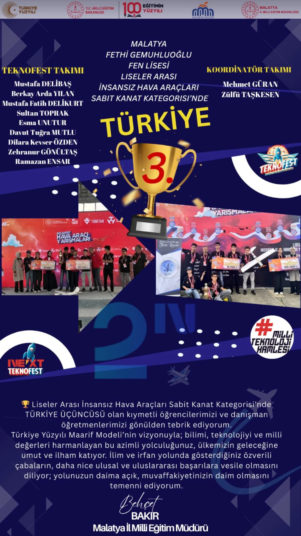 Fethi Gemuhluoğlu Fen Lisesi TEKNOFEST’te Türkiye Üçüncüsü Oldu