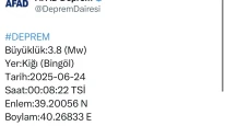 Bingöl’de 3.8 büyüklüğünde deprem