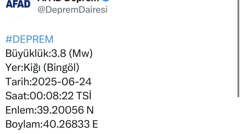 Bingöl’de 3.8 büyüklüğünde deprem
