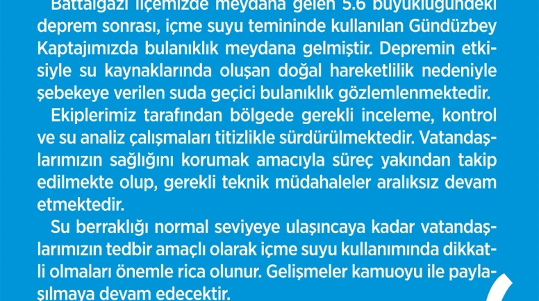 MASKİ Deprem Sonrası Gündüzbey Kaptajı İçme Suyu İçin "Geçici Bulanıklık" Uyarısı Yaptı