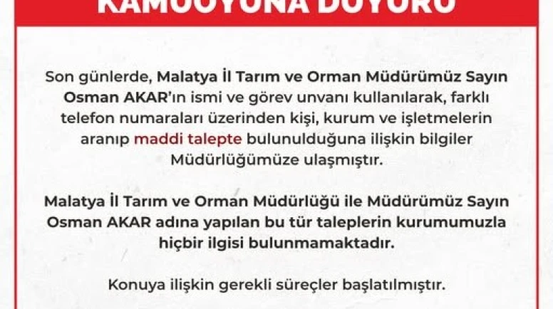 Malatya İl Tarım Müdürlüğü’nden Telefon Dolandırıcılığı Uyarısı