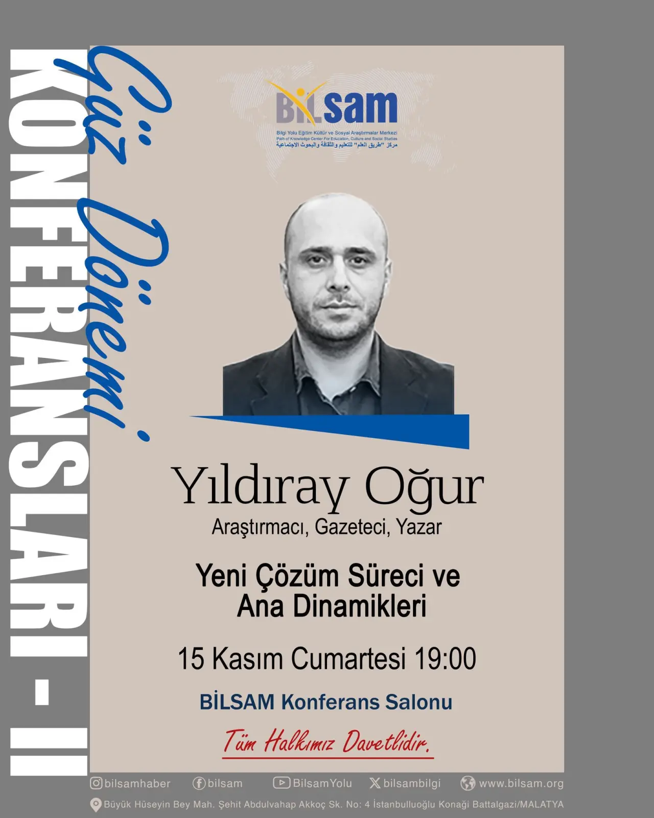 BİLSAM’da düzenlenecek Yıldıray Oğur konferansı için etkinlik duyurusu