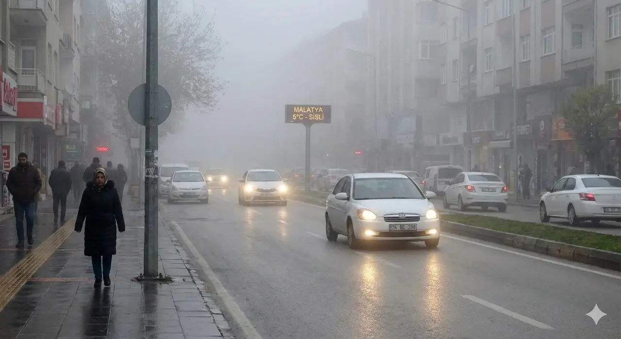Malatya'da puslu bir kasım sabahı ve kışlık giysiler giymiş vatandaşlar.