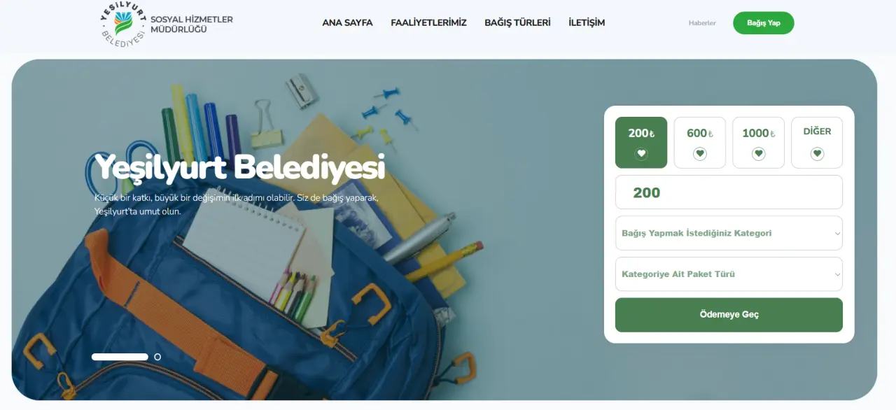 Yeşilyurt Belediyesi online bağış platformu bagis.yesilyurt.bel.tr ekran görüntüsü