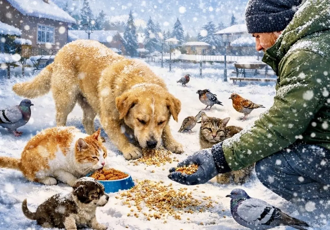 Karlı havada sokak hayvanları ve kuşlar için yem bırakma