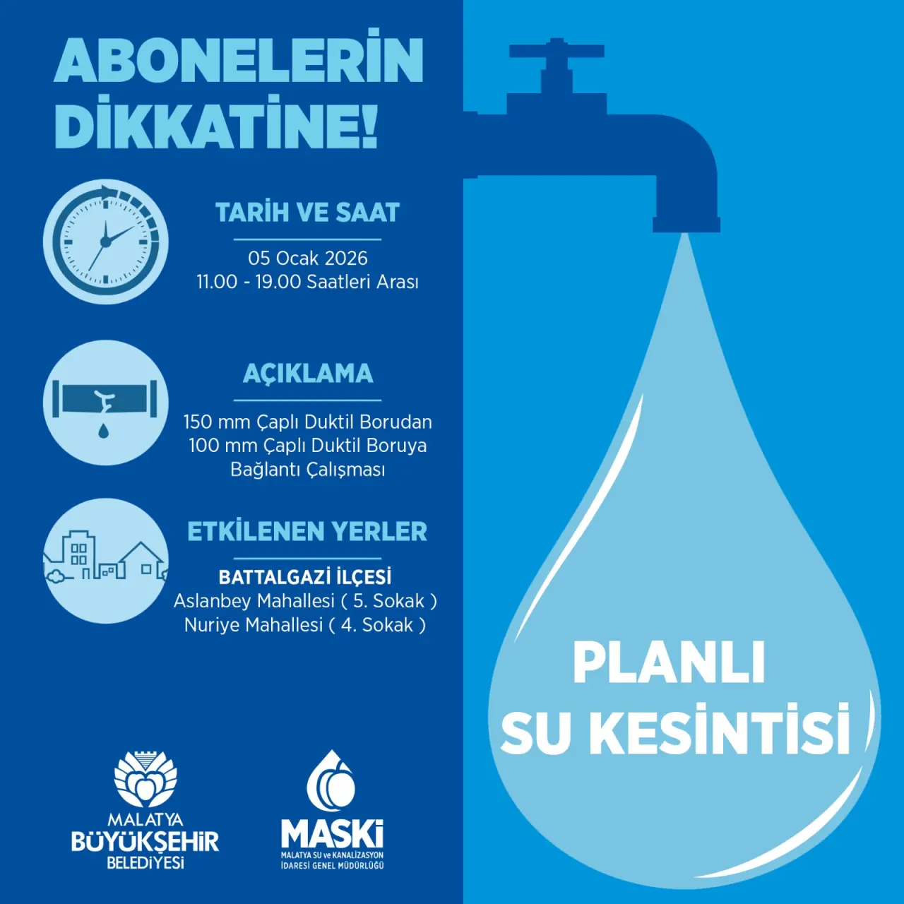 Malatya MASKİ su kesintisi uyarısı ve musluktan akan su
