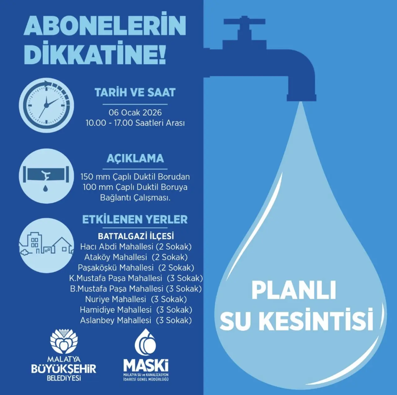 Malatya su kesintisi uyarısı musluk görseli