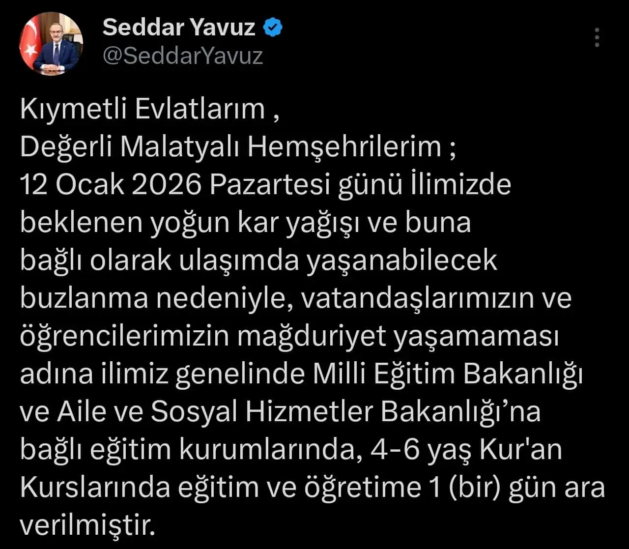 Malatya Valisi Seddar Yavuz kar tatili açıklaması