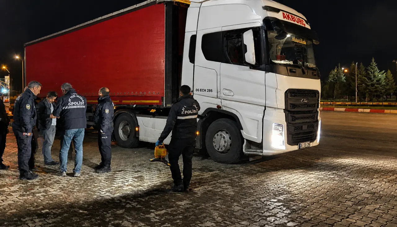 Malatya Darende D-300 Karayolu üzerinde meydana gelen ölümlü trafik kazası sonrası olay yerinde ve yakalanan tırda inceleme yapan polis ekipleri.